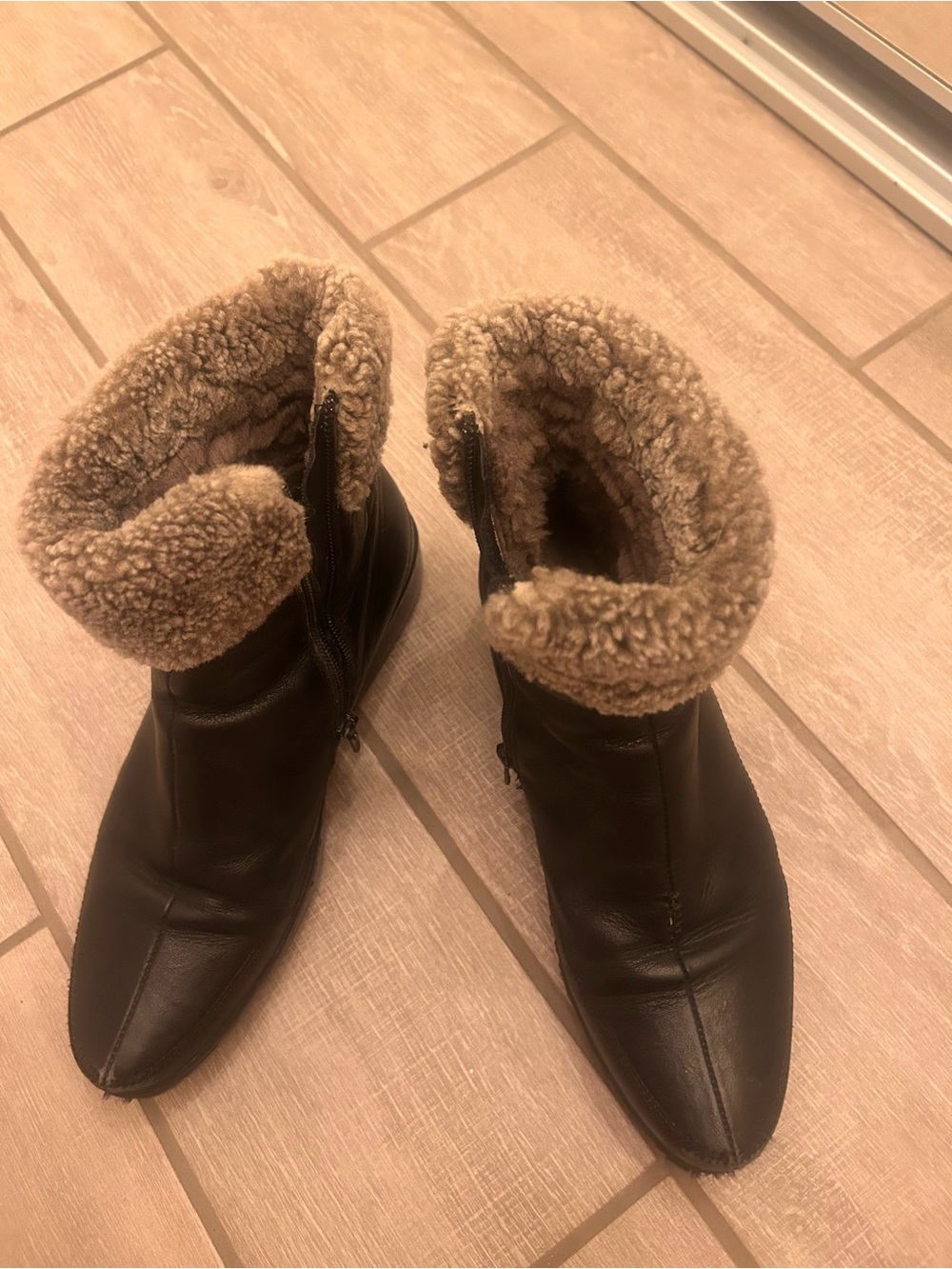 Women's Winter Black Leather Ankle Boots with Tan Shearling Trim
